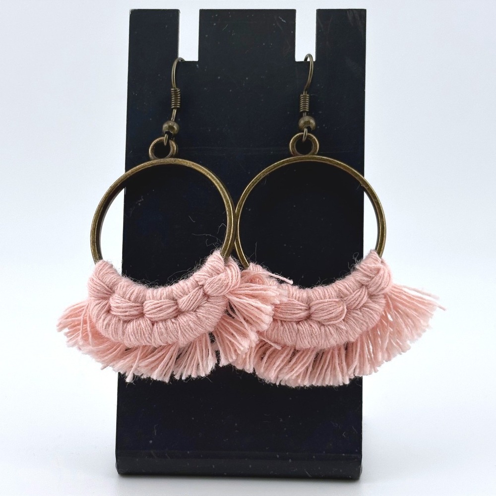 Blush Pink Macrame Fringe Hoop Earrings Boho Antique Bronze Dangle Statement